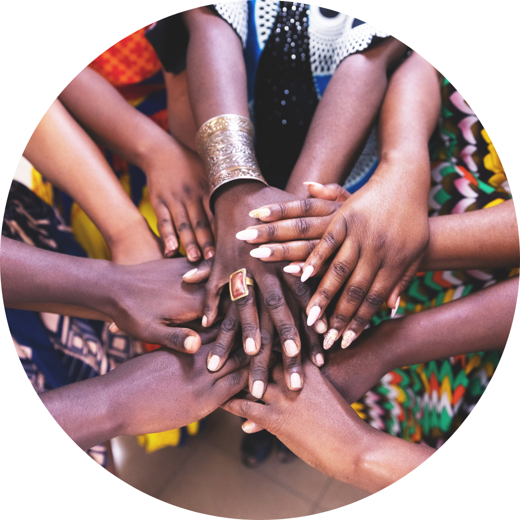 Group of African women standing next to each other and joining handing to showcase unity in humanity.