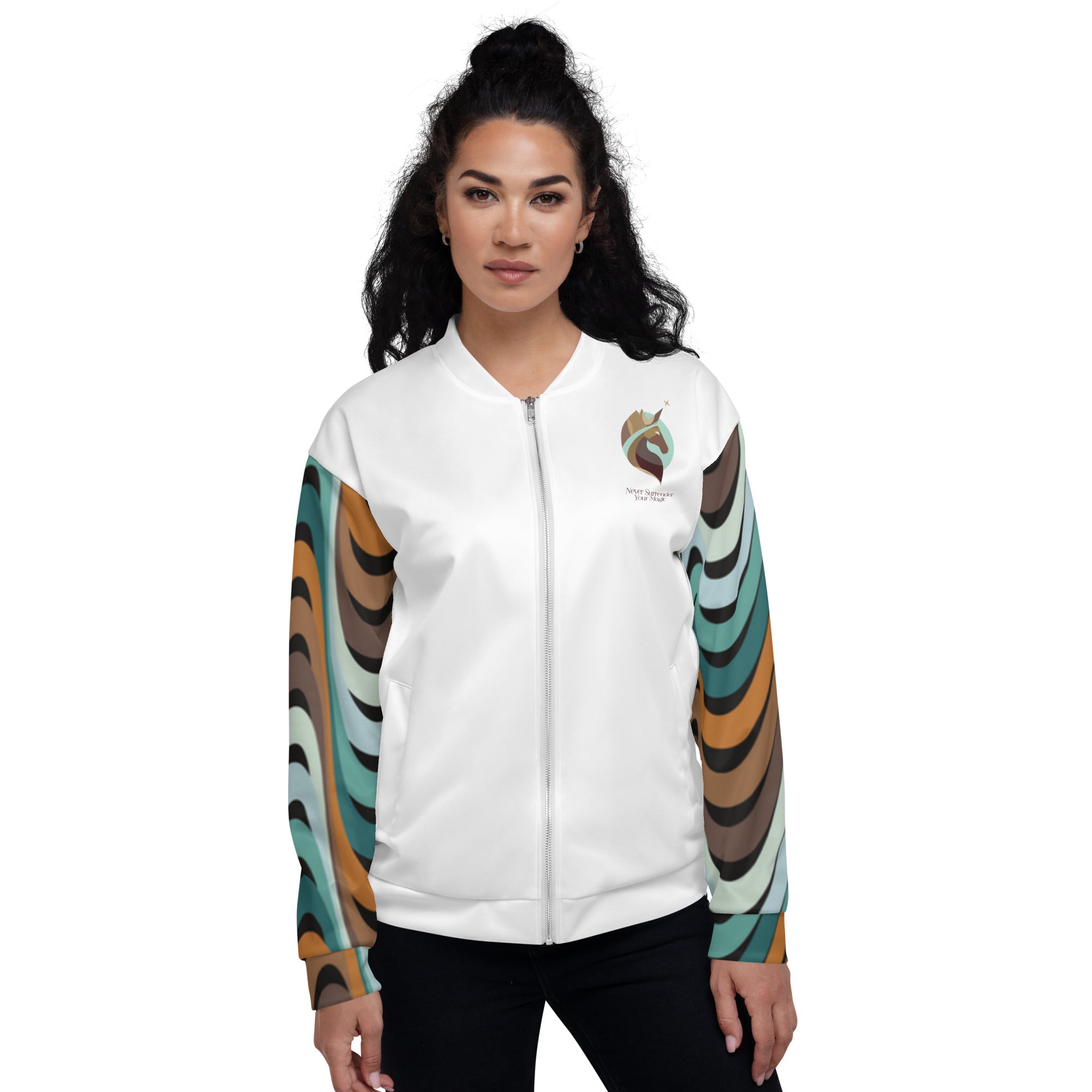 A woman wearing a white bomber jacket with a zipper closure and ribbed cuffs. The jacket has a colorful, all-over print featuring the Xpresso Unicorn logo and various unicorn-themed elements.