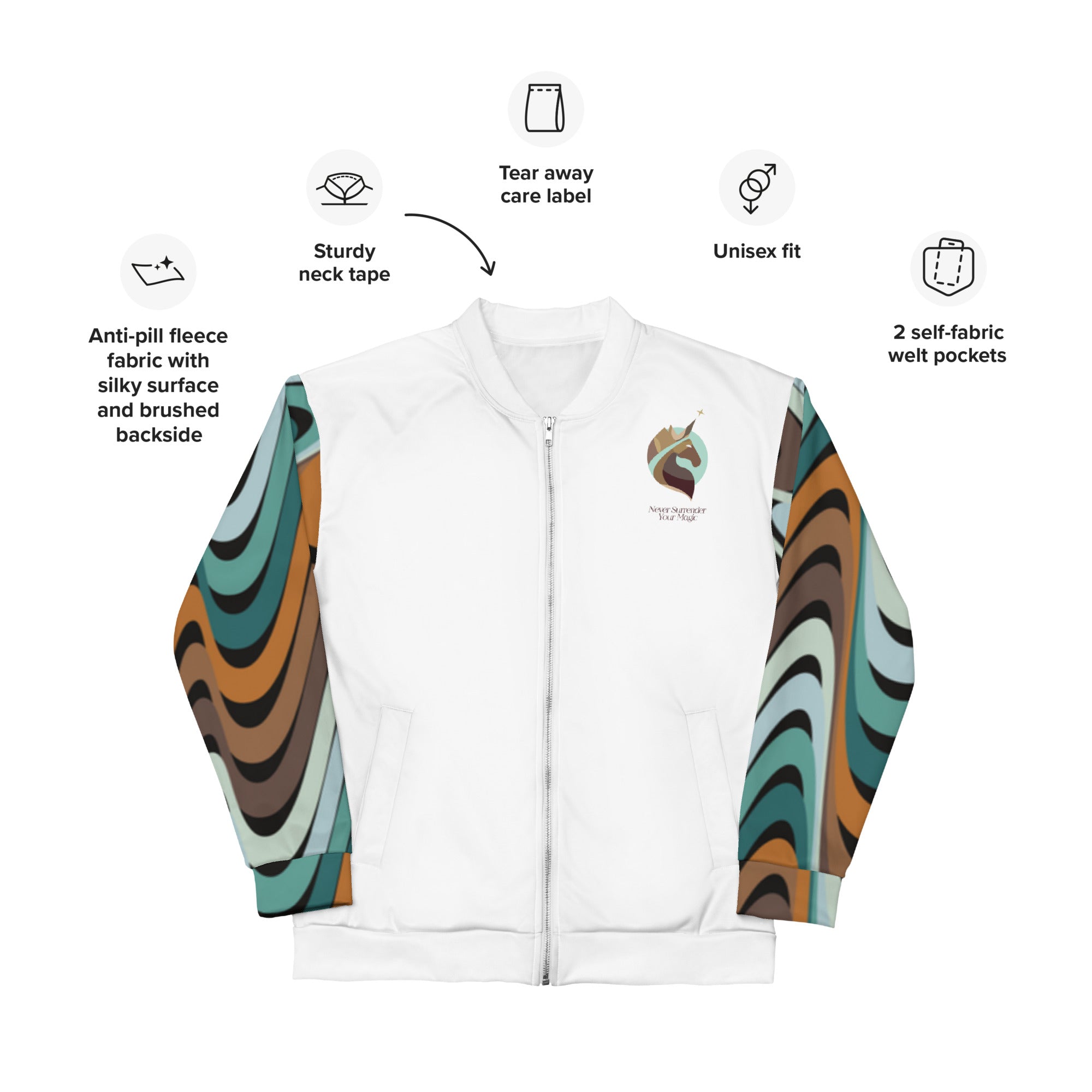 A white bomber jacket with a zipper closure and ribbed cuffs. The jacket has a colorful, all-over print featuring the Xpresso Unicorn logo and various unicorn-themed elements.