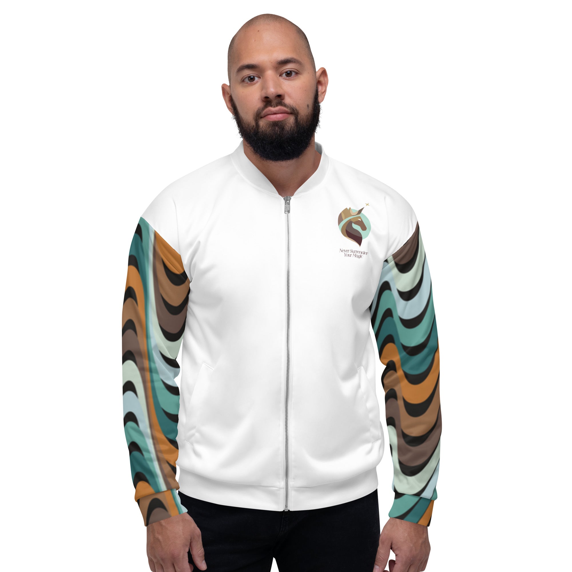 A man wearing a white bomber jacket with a zipper closure and ribbed cuffs. The jacket has a colorful, all-over print featuring the Xpresso Unicorn logo and various unicorn-themed elements.