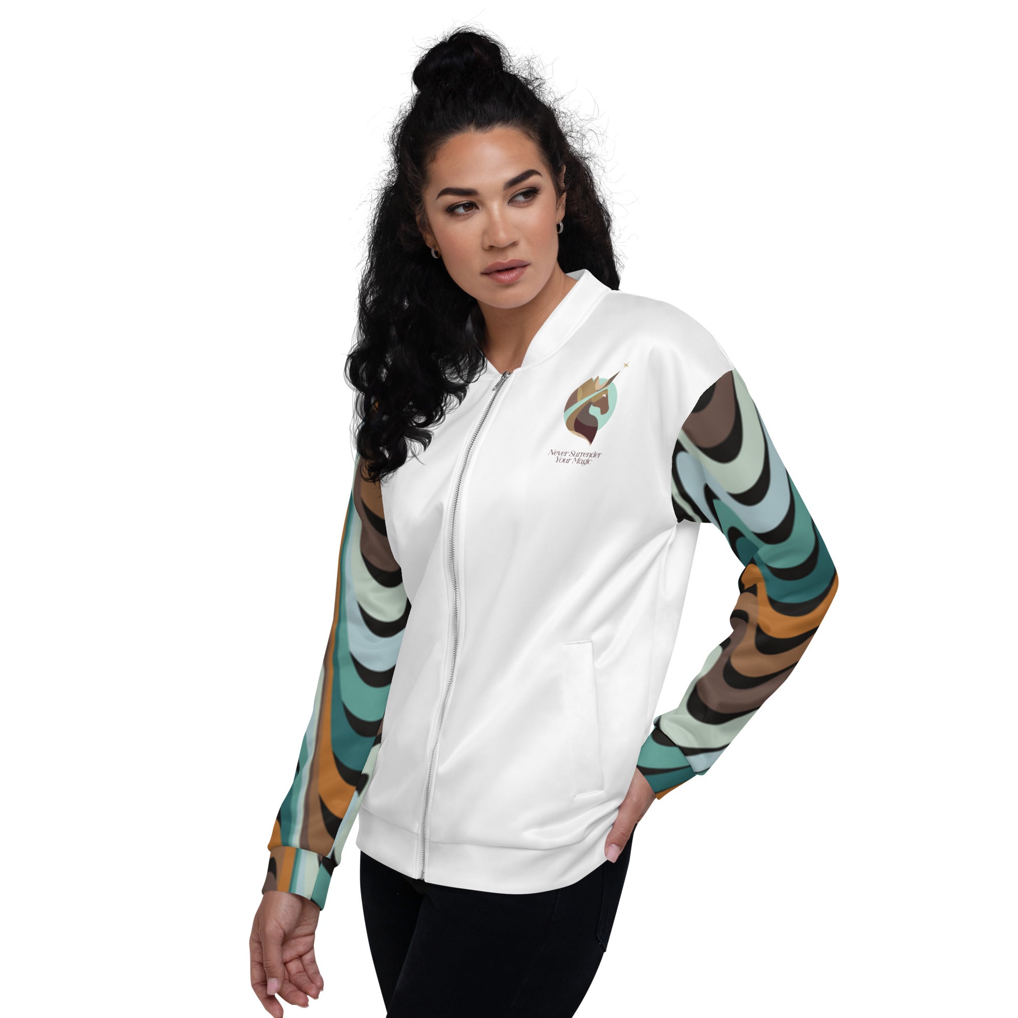 A woman sporting a stylish white bomber jacket featuring a colorful, all-over Xpresso Unicorn print and logo.