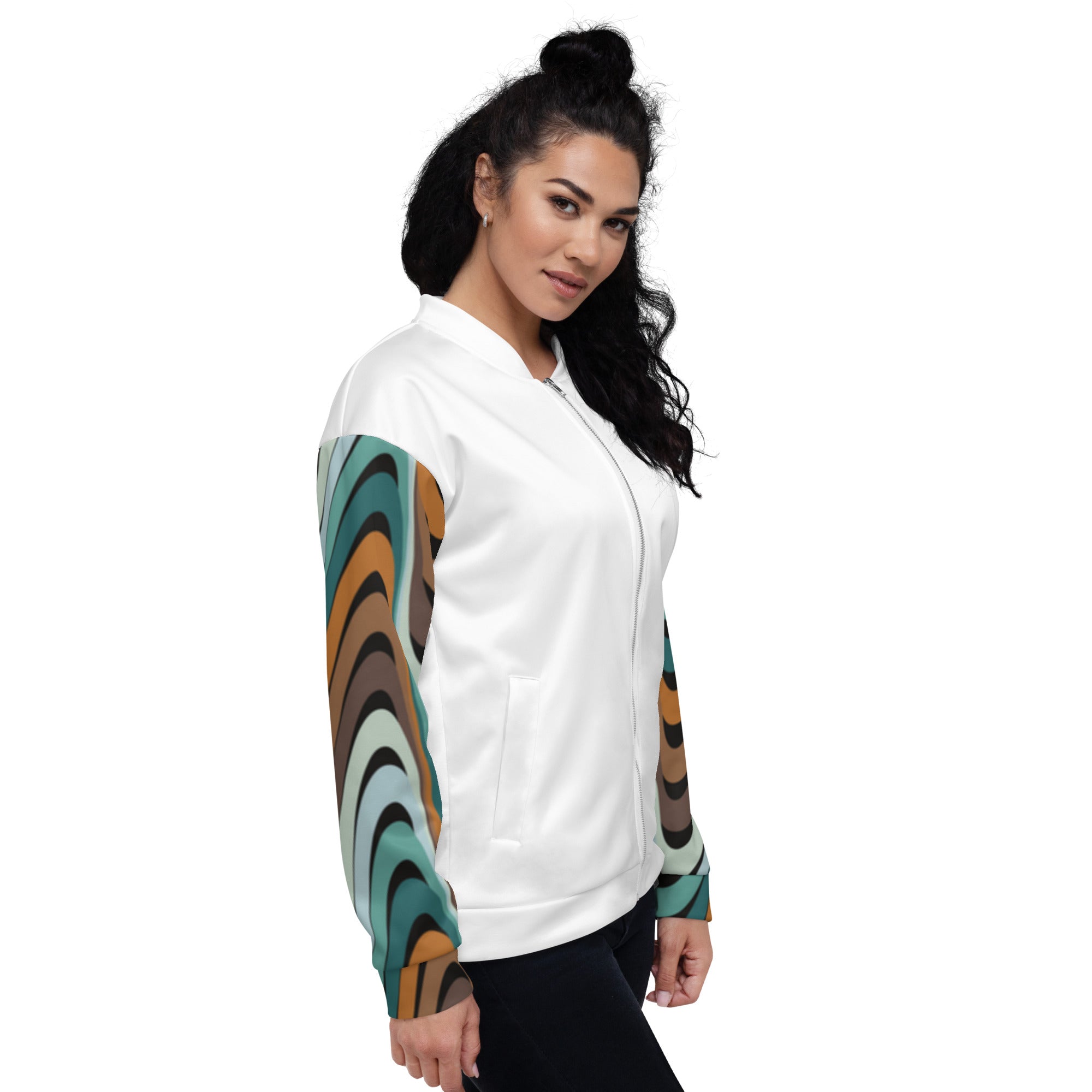 A woman wearing a white bomber jacket with an all-over Xpresso Unicorn print.