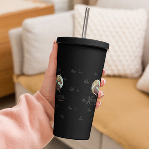 A hand showcasing a sleek black tumbler with the Xpresso Unicorn logo. The tumbler has a straw, ideal for enjoying your favorite beverage.