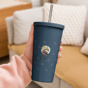 A hand showcasing a stylish navy blue tumbler with the Xpresso Unicorn logo. The tumbler has a straw, ideal for enjoying your favorite beverage.