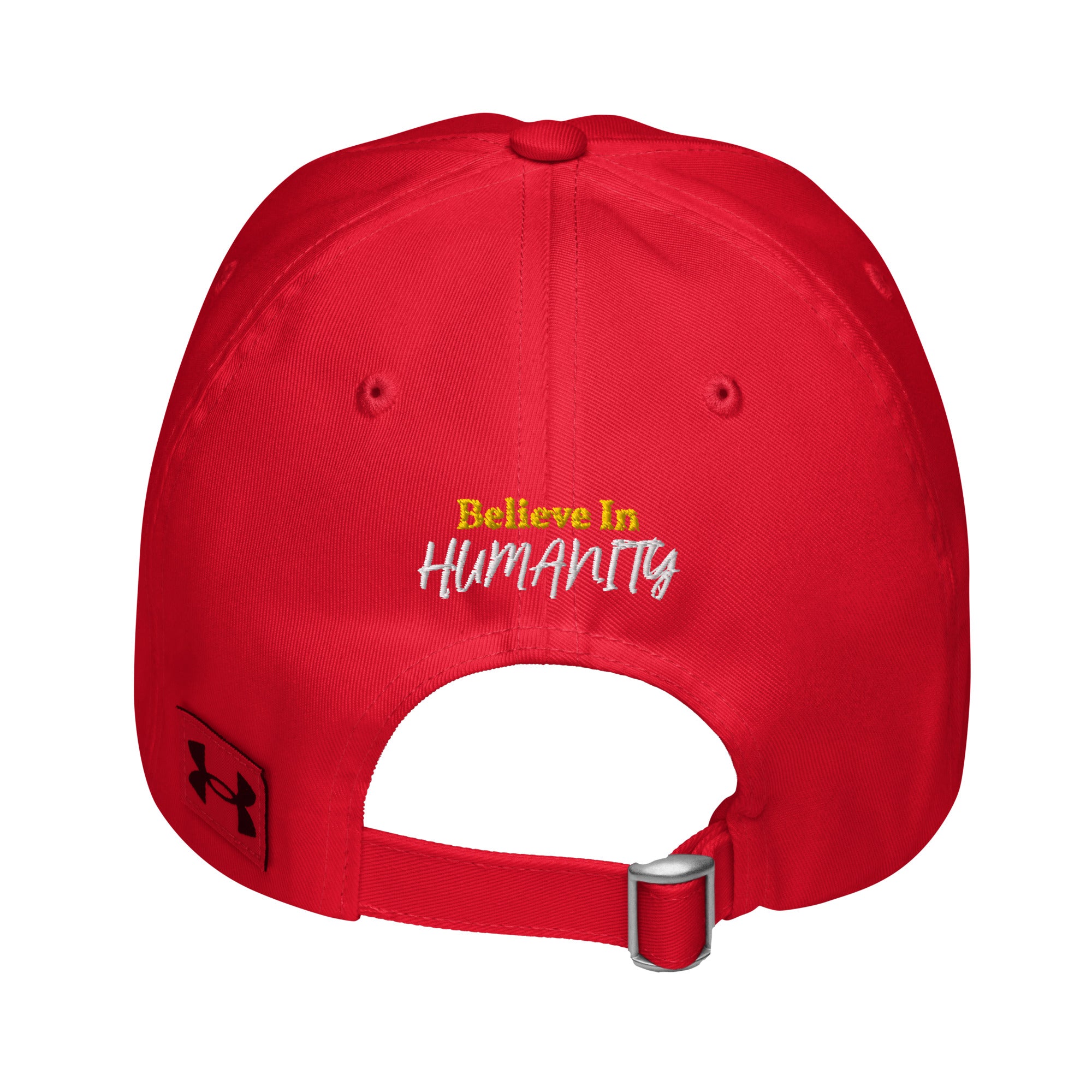 A red Under Armour baseball cap with the words "Believe in Humanity" embroidered on it.