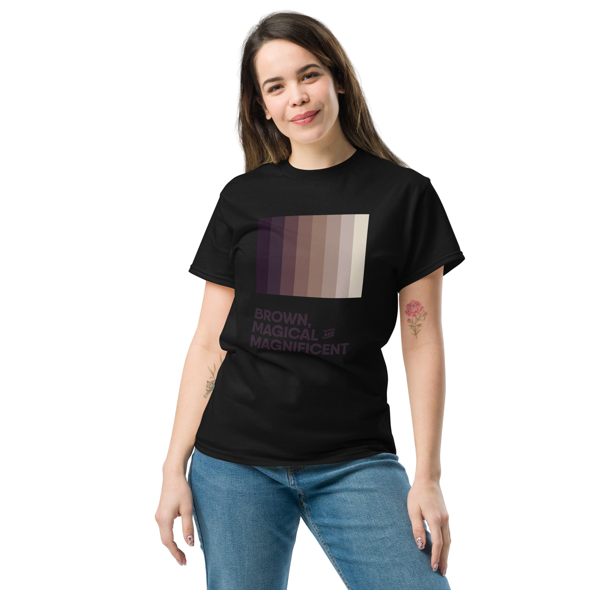 A woman wearing a black shirt with a brown color gradient and the text "Brown, Magical, and Magnificent.