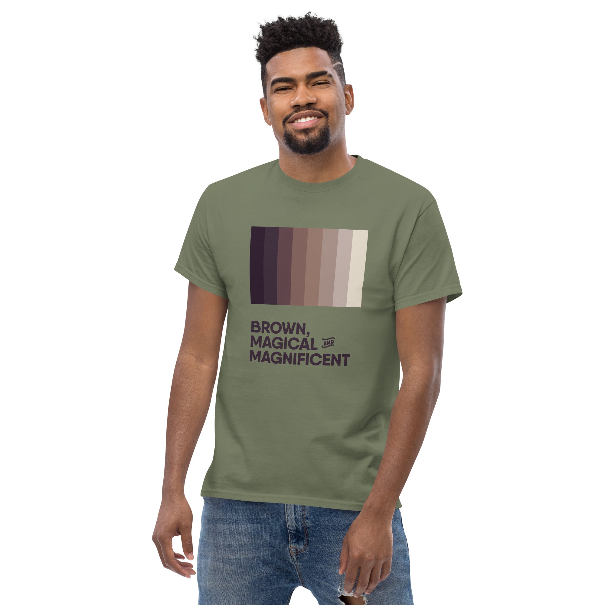 Our military green shirt with a brown color gradient design and the inspiring message "Brown, Magical, and Magnificent.