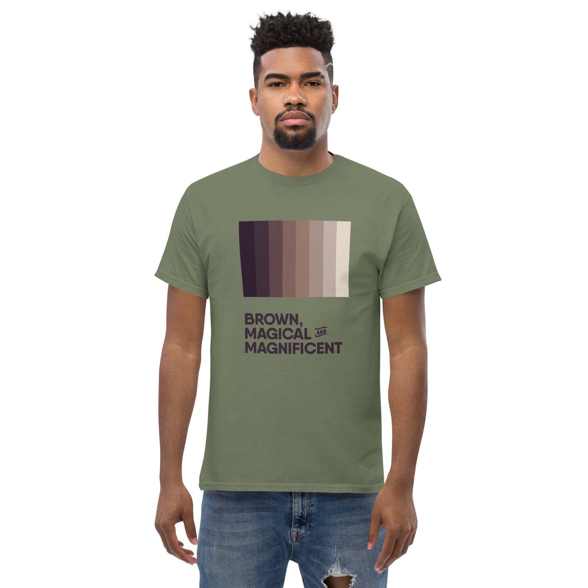 Our military green shirt with a brown color gradient design and the inspiring message "Brown, Magical, and Magnificent.