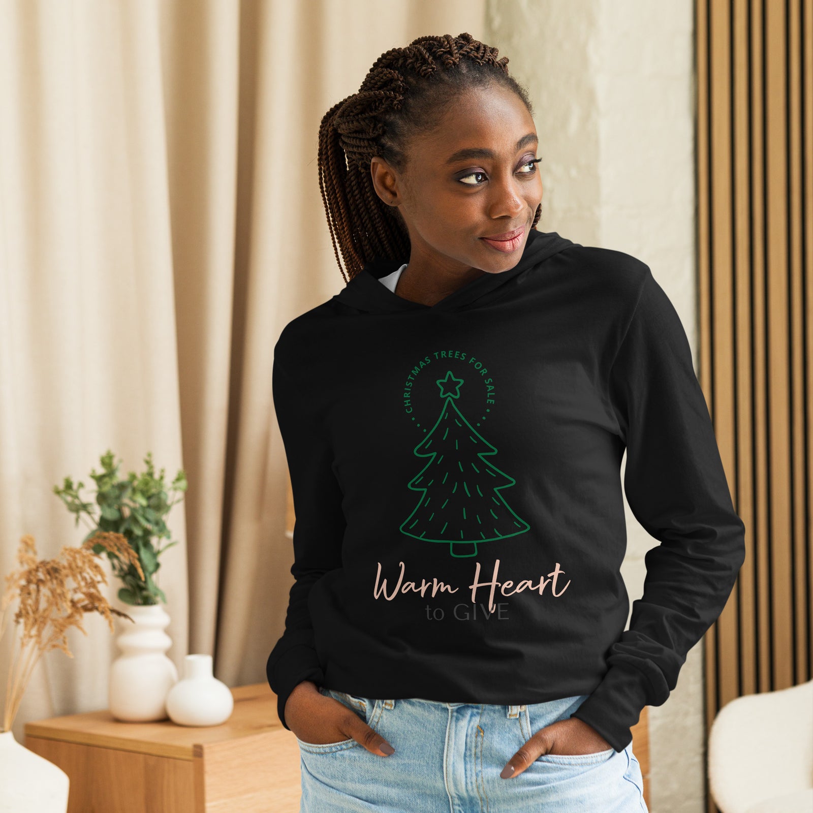 Hooded long-sleeve holiday tee (Warm Heart)