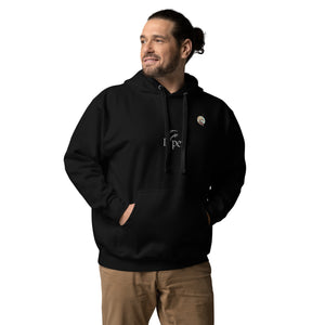 A man sporting a unisex black hoodie with the Xpresso Unicorn logo on the chest. The hoodie has a relaxed fit.