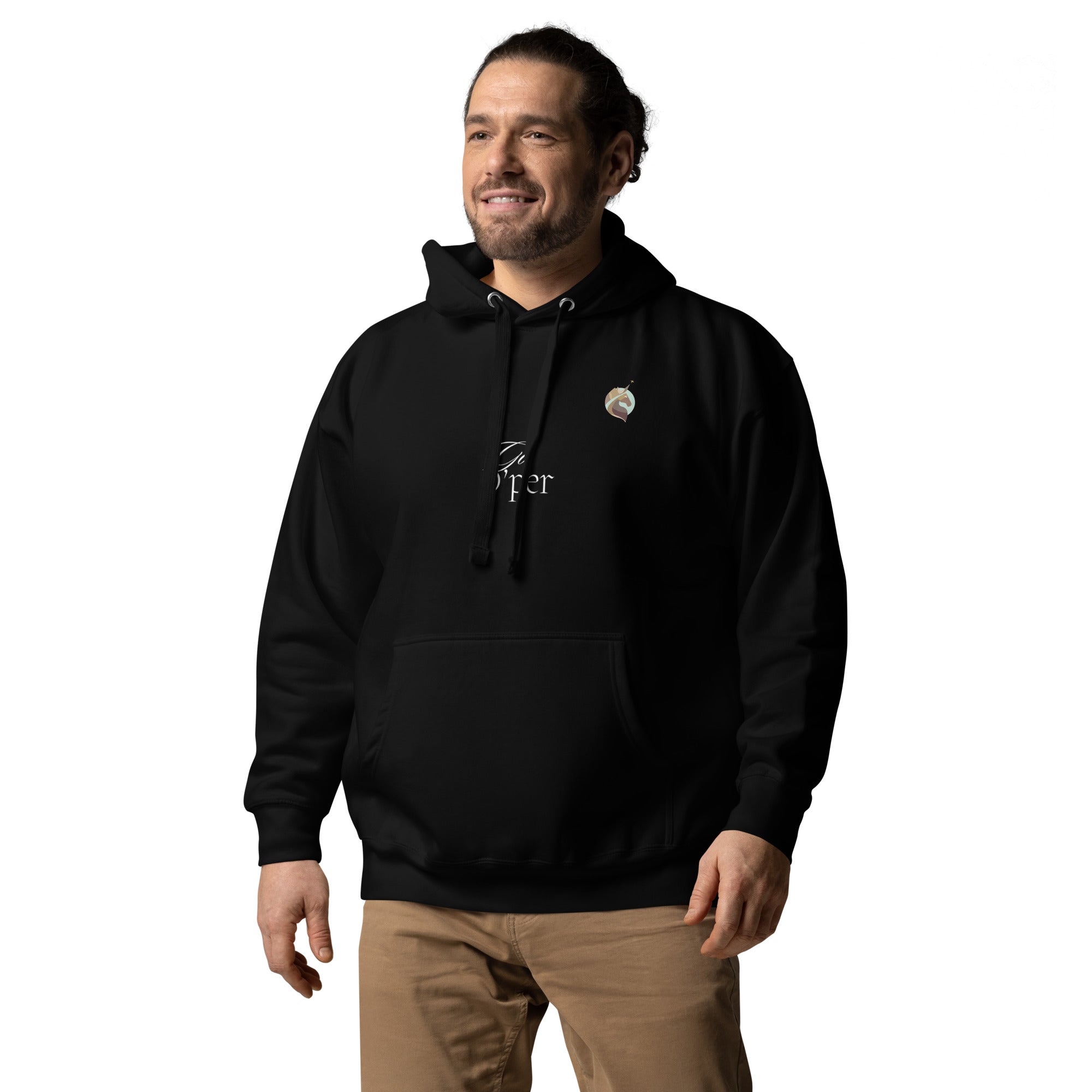 A man sporting a unisex maroon hoodie with the Xpresso Unicorn logo on the chest. The hoodie has a relaxed fit.