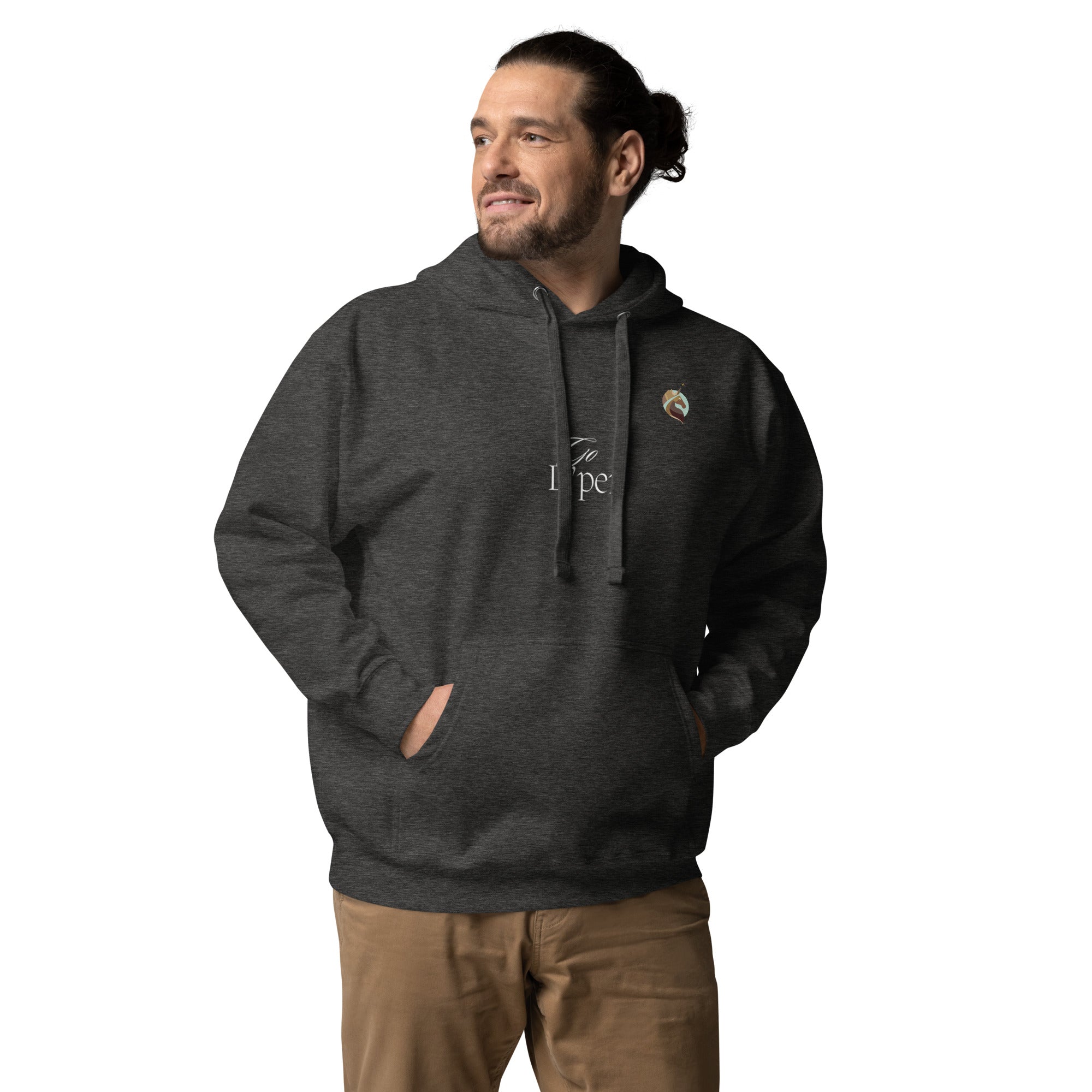 A confident man wearing a stylish charcoal hoodie featuring the Xpresso Unicorn logo, representing individuality and empowerment.