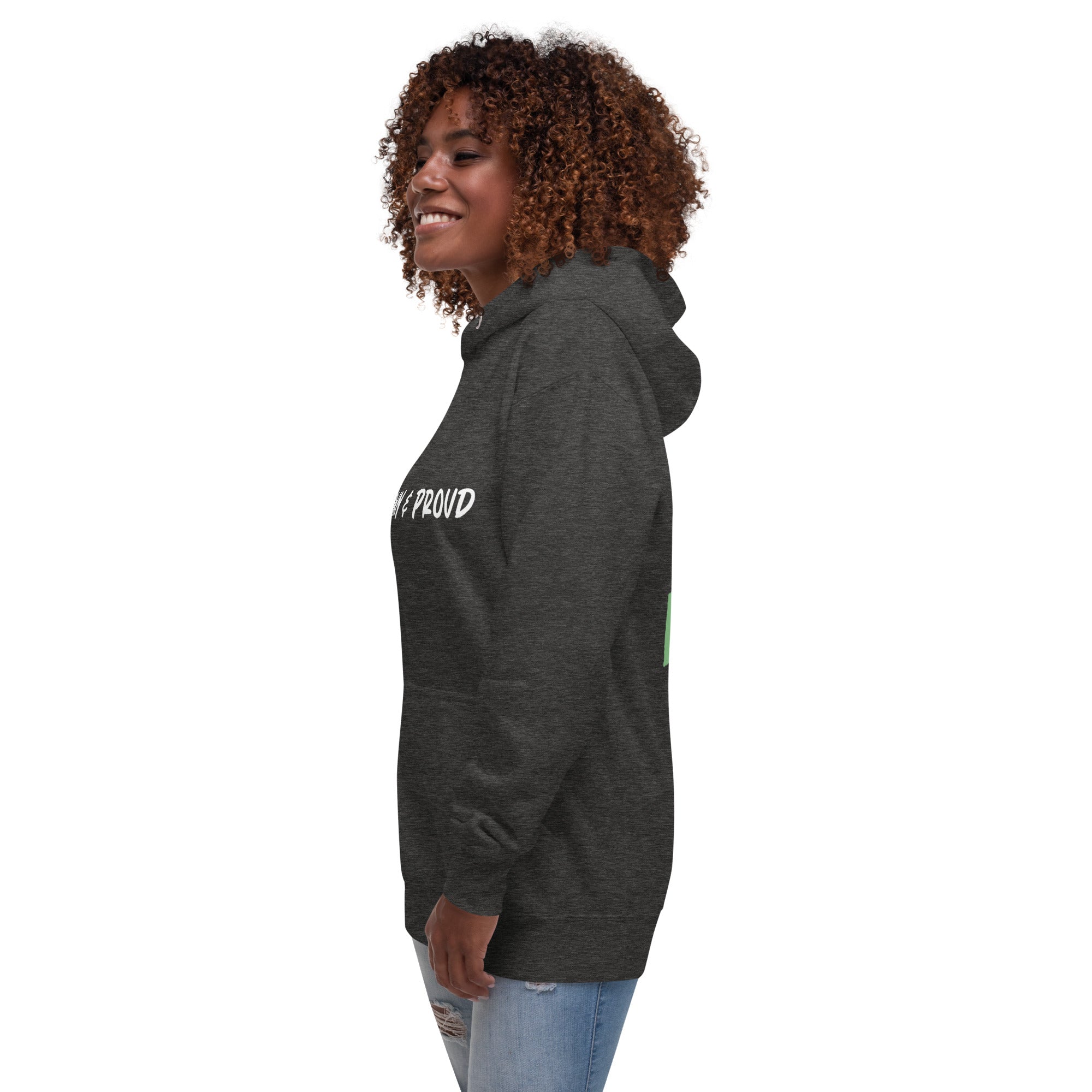 Charcoal hoodie with the bold statement "Brown & Proud" printed across the chest.