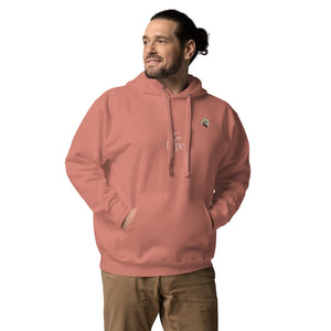 A man sporting a unisex dusty rose hoodie with the Xpresso Unicorn logo on the chest. The hoodie has a relaxed fit.