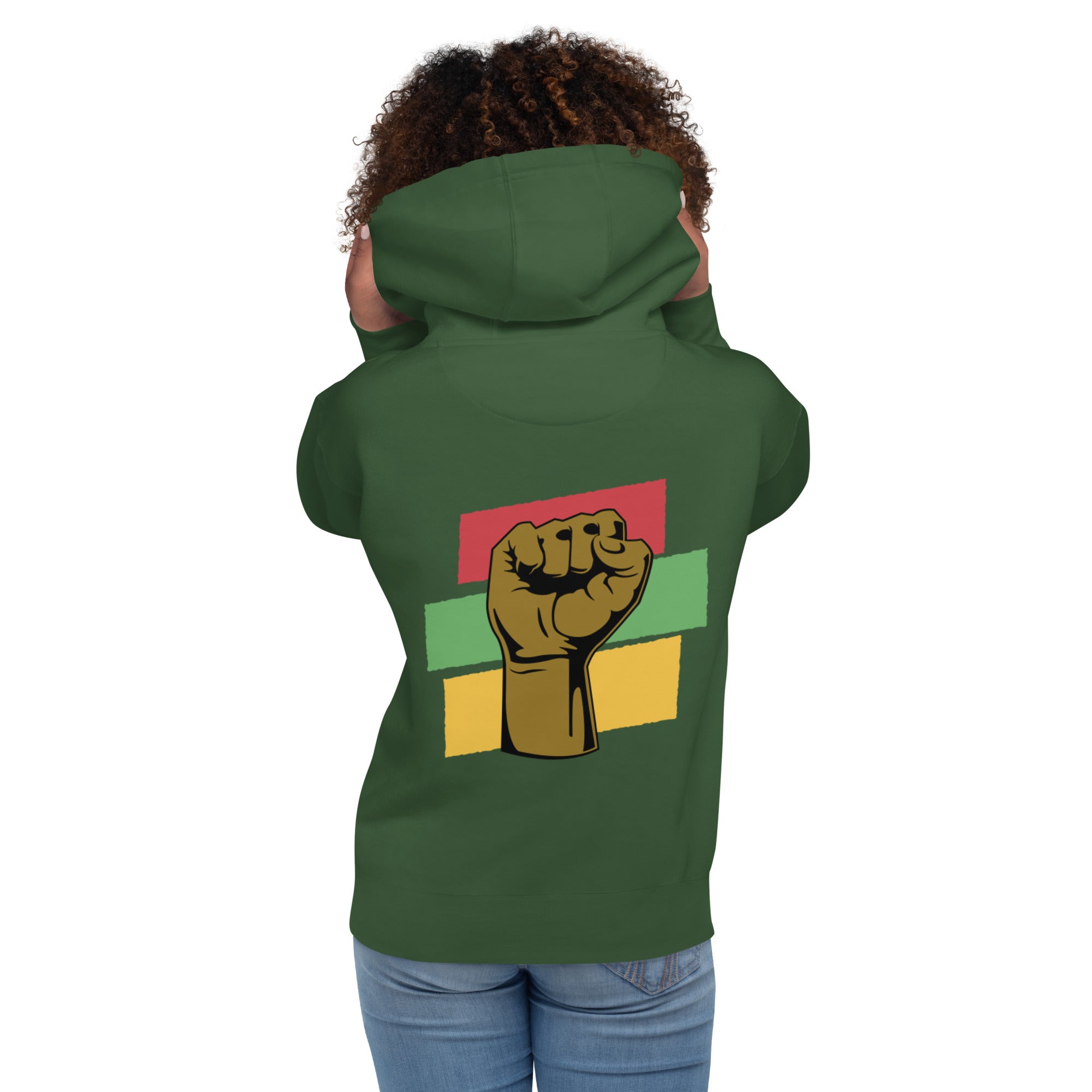 The back of a forest green hoodie showcases a raised black fist, a powerful symbol of Black empowerment and resilience.