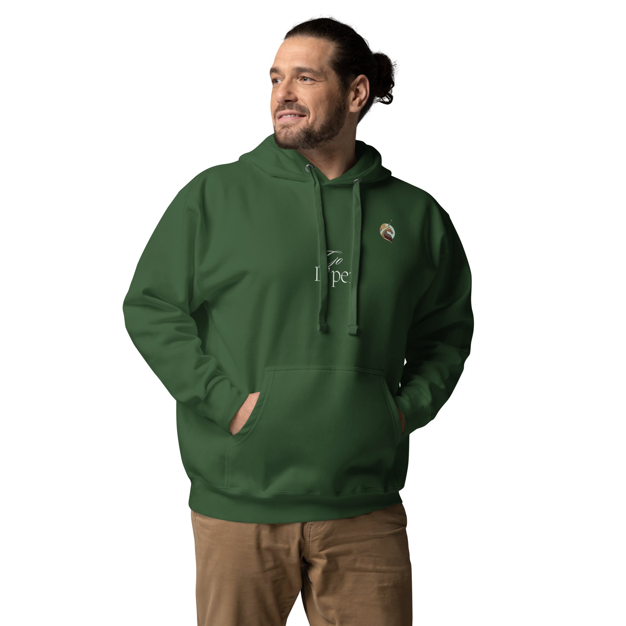 A man sporting a unisex forest green hoodie with the Xpresso Unicorn logo on the chest. The hoodie has a relaxed fit.