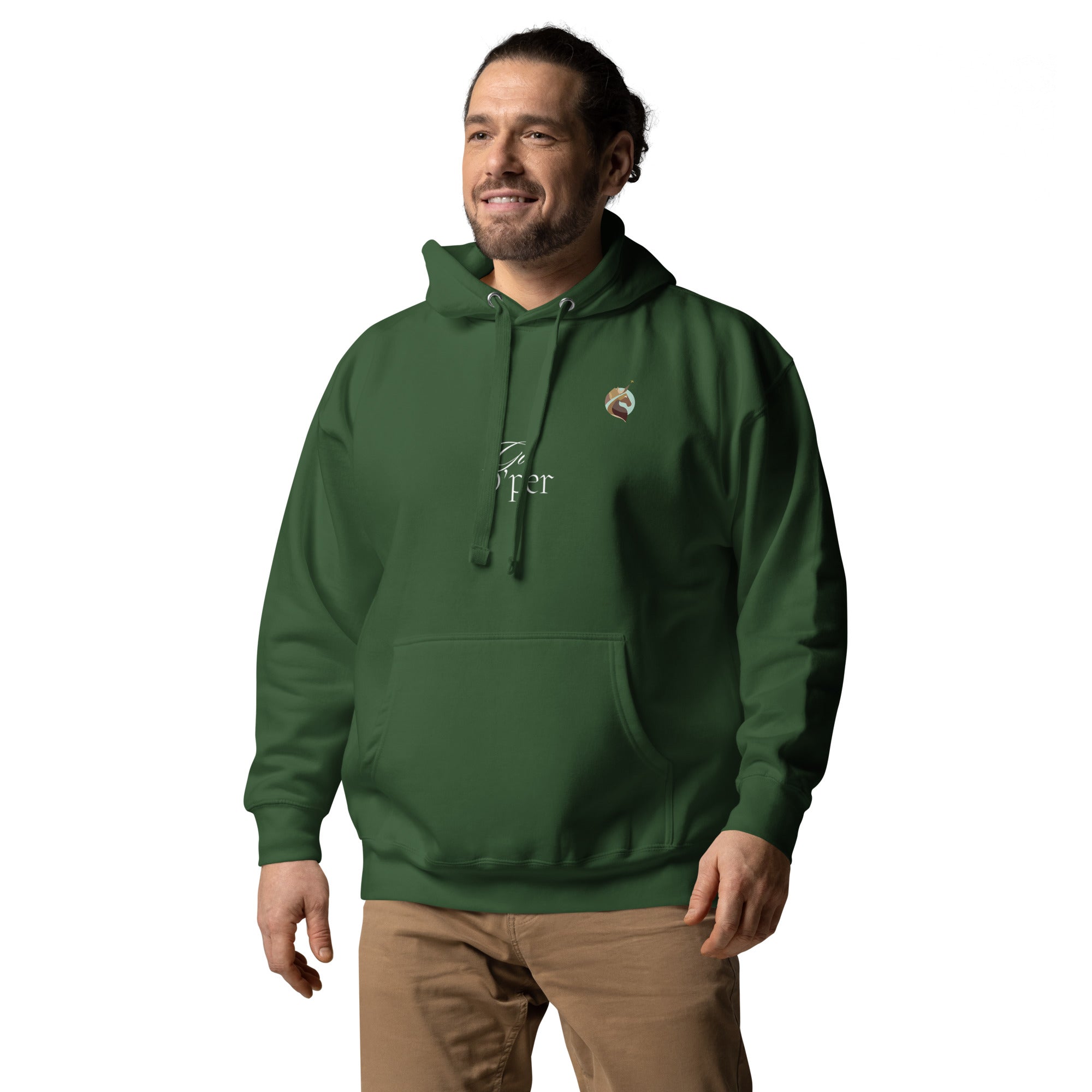 A man wearing a forest green hoodie with the Xpresso Unicorn logo.