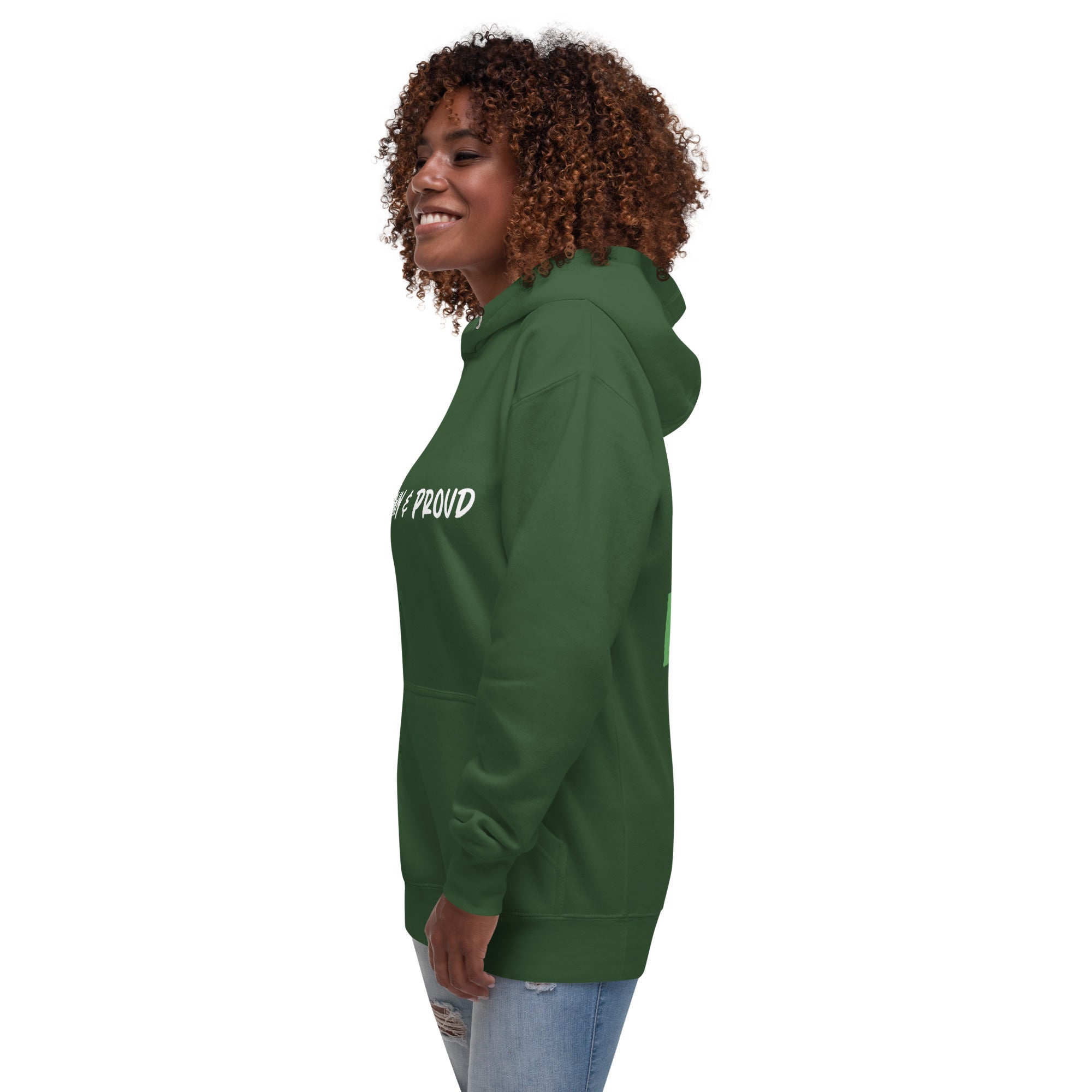 Forest green hoodie with the bold statement "Brown & Proud" printed across the chest.