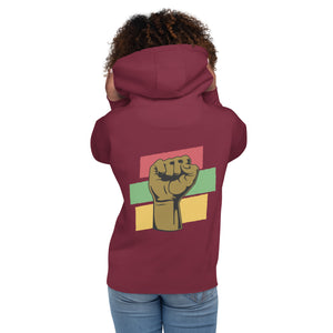 The back of a maroon hoodie showcases a raised black fist, a powerful symbol of Black empowerment and resilience.