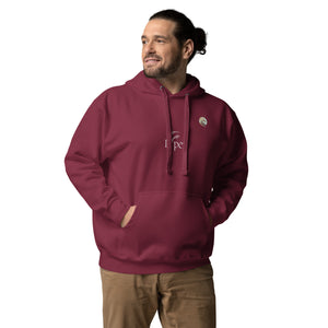 A man sporting a unisex maroon hoodie with the Xpresso Unicorn logo on the chest. The hoodie has a relaxed fit.