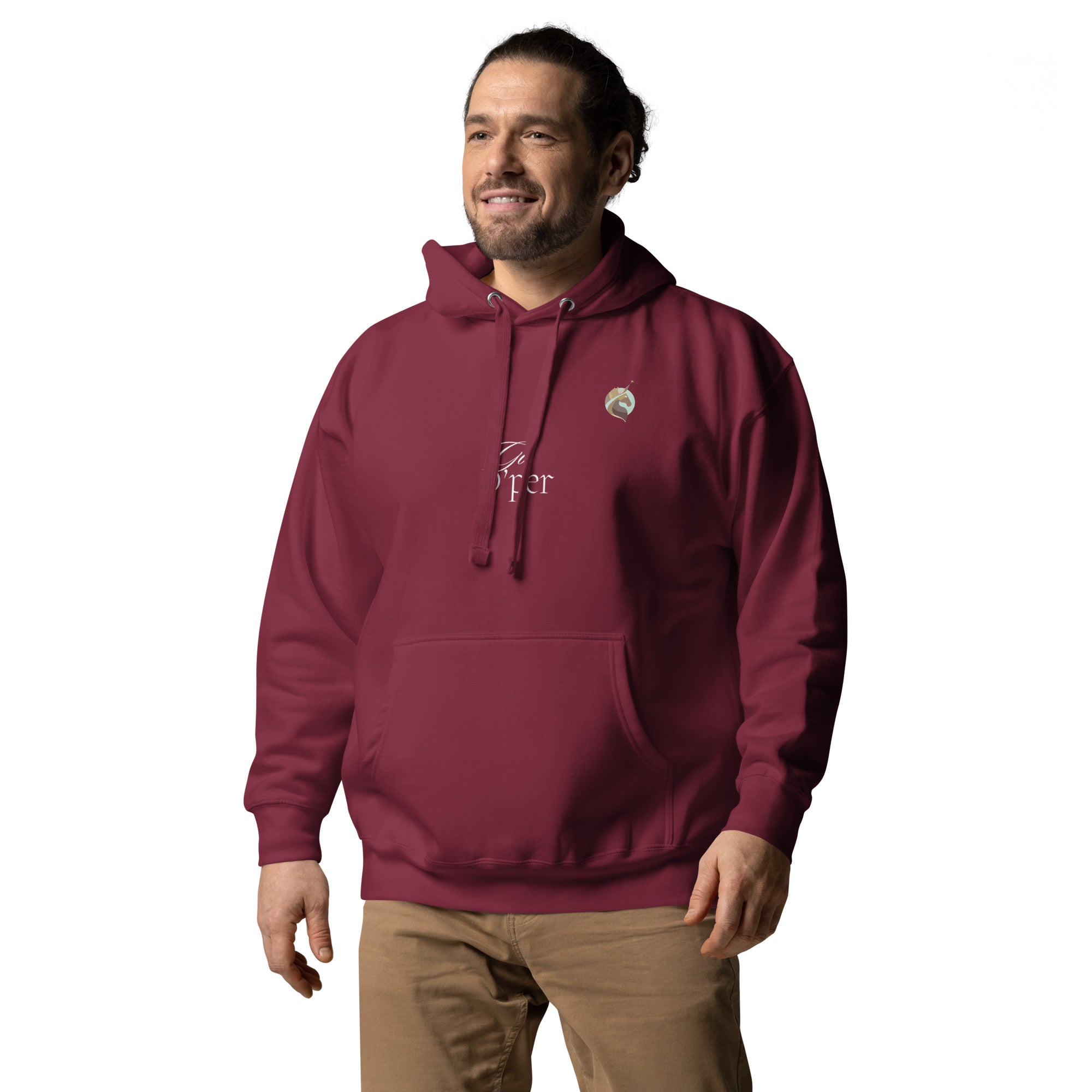 A confident man wearing a stylish charcoal hoodie featuring the Xpresso Unicorn logo, representing individuality and empowerment.