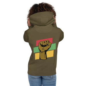 The back of a military green hoodie showcases a raised black fist, a powerful symbol of Black empowerment and resilience.