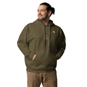 Our unisex military green hoodie with the Xpresso Unicorn logo, perfect for everyday comfort and style.