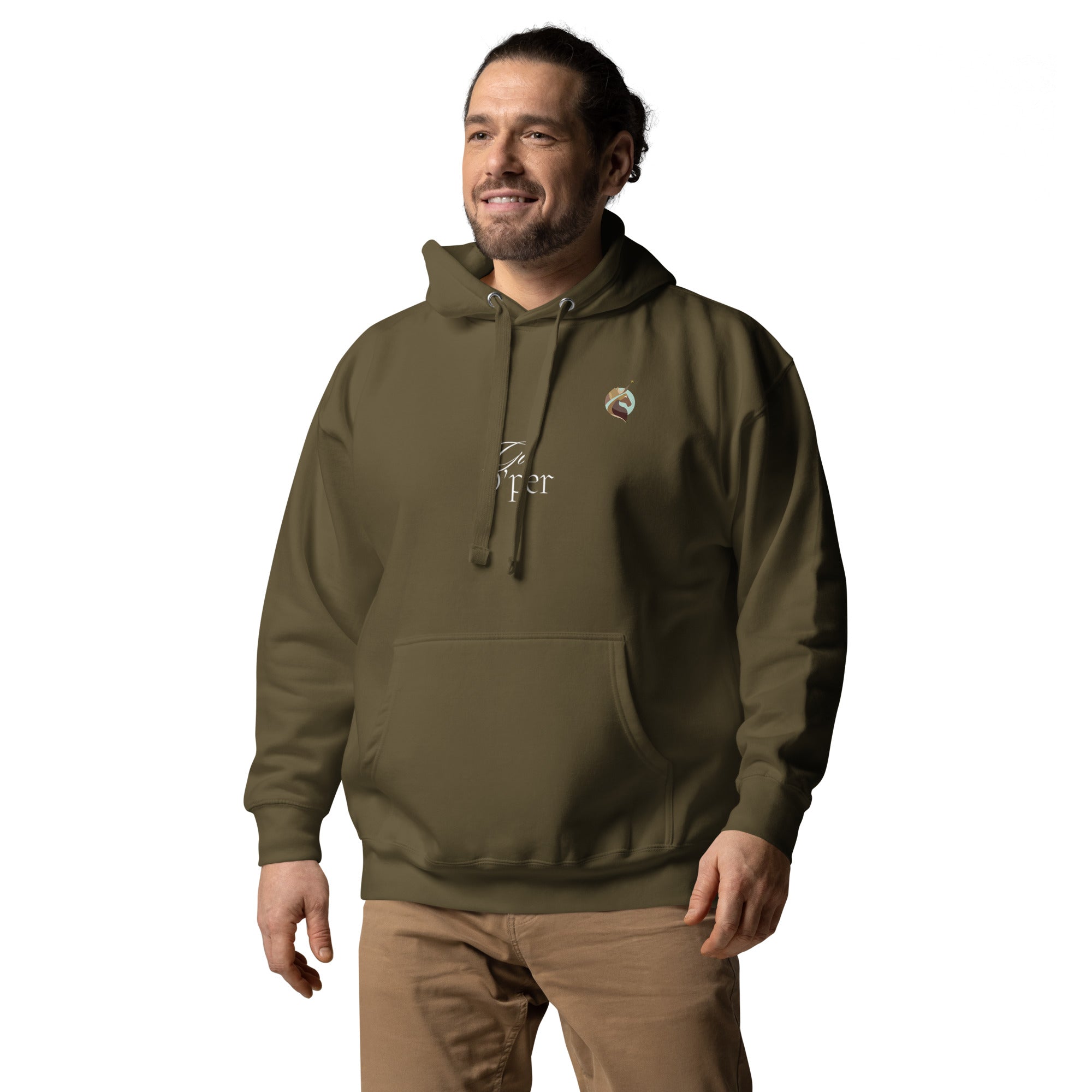 A confident man wearing a stylish military green hoodie featuring the Xpresso Unicorn logo, representing individuality and empowerment.