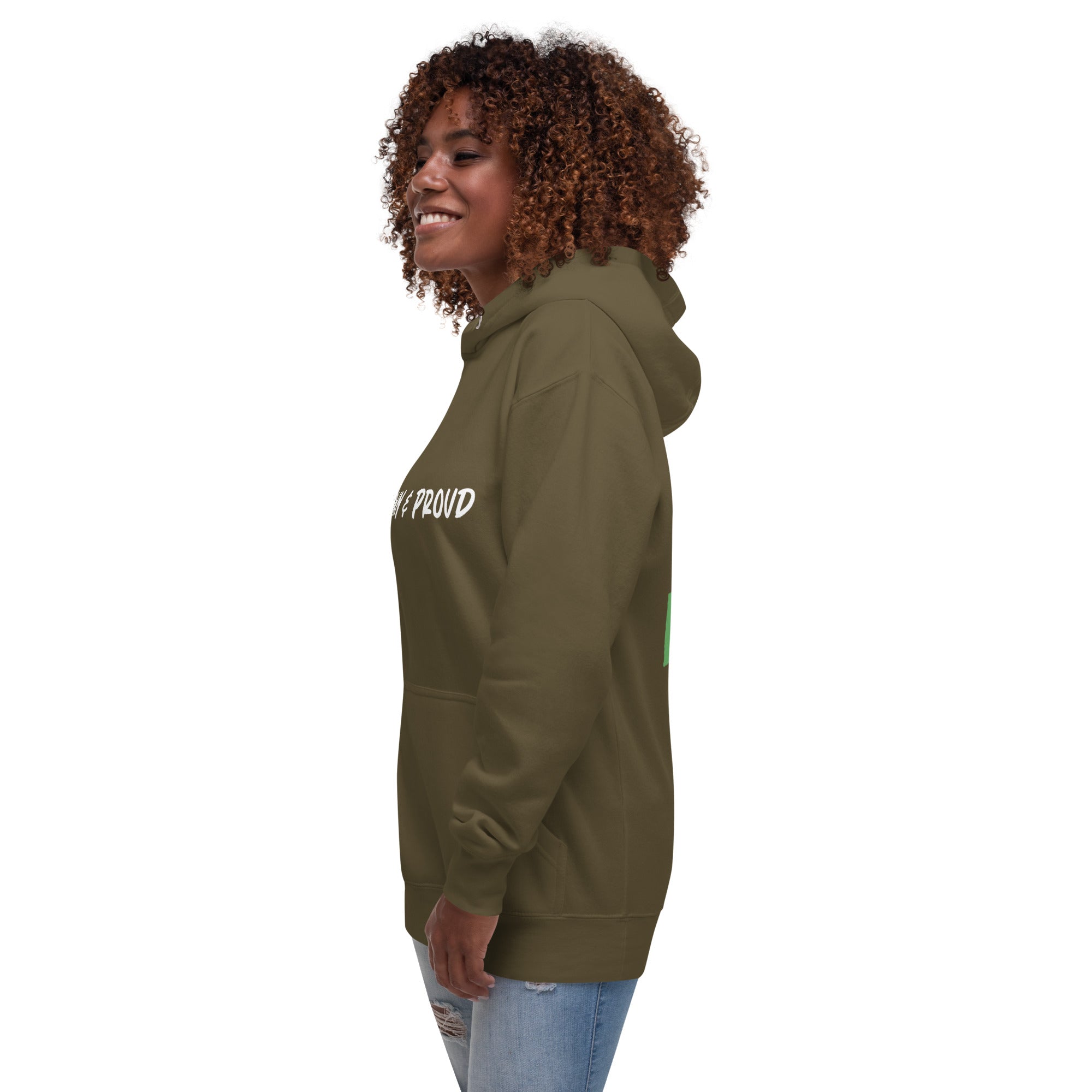 Military green hoodie with the bold statement "Brown & Proud" printed across the chest.