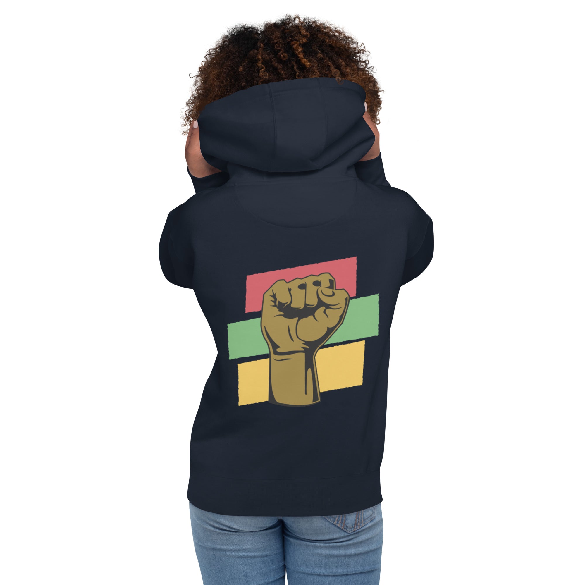 The back of a navy blue hoodie showcases a raised black fist, a powerful symbol of Black empowerment and resilience.