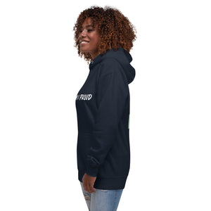 Navy blue hoodie with the bold statement "Brown & Proud" printed across the chest.