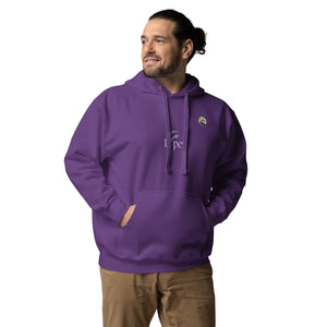 A man sporting a unisex purple hoodie with the Xpresso Unicorn logo on the chest. The hoodie has a relaxed fit.