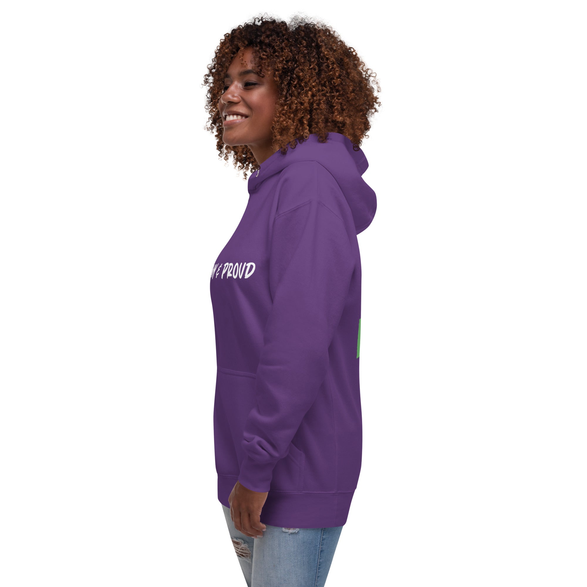 Purple hoodie with the bold statement "Brown & Proud" printed across the chest.