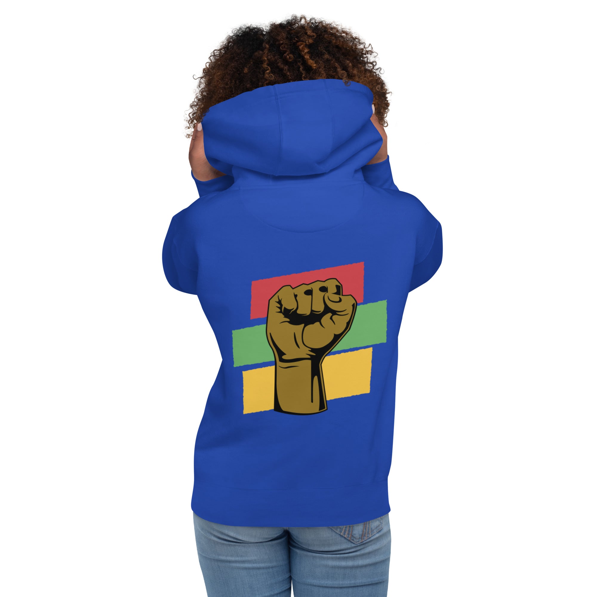 The back of a royal blue hoodie showcases a raised black fist, a powerful symbol of Black empowerment and resilience.