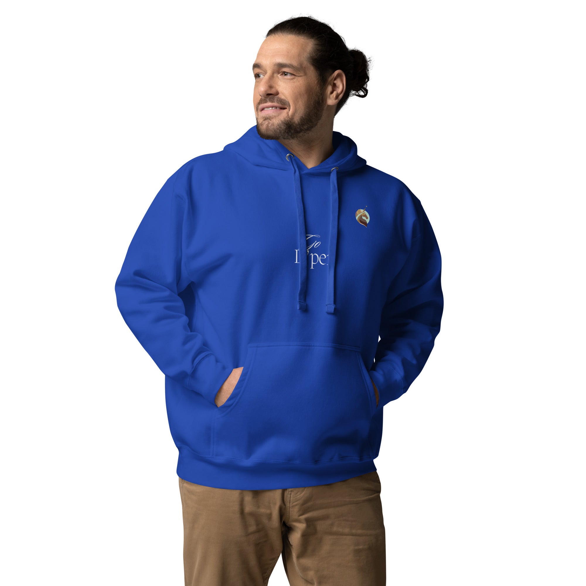 A man sporting a unisex royal blue hoodie with the Xpresso Unicorn logo on the chest. The hoodie has a relaxed fit.