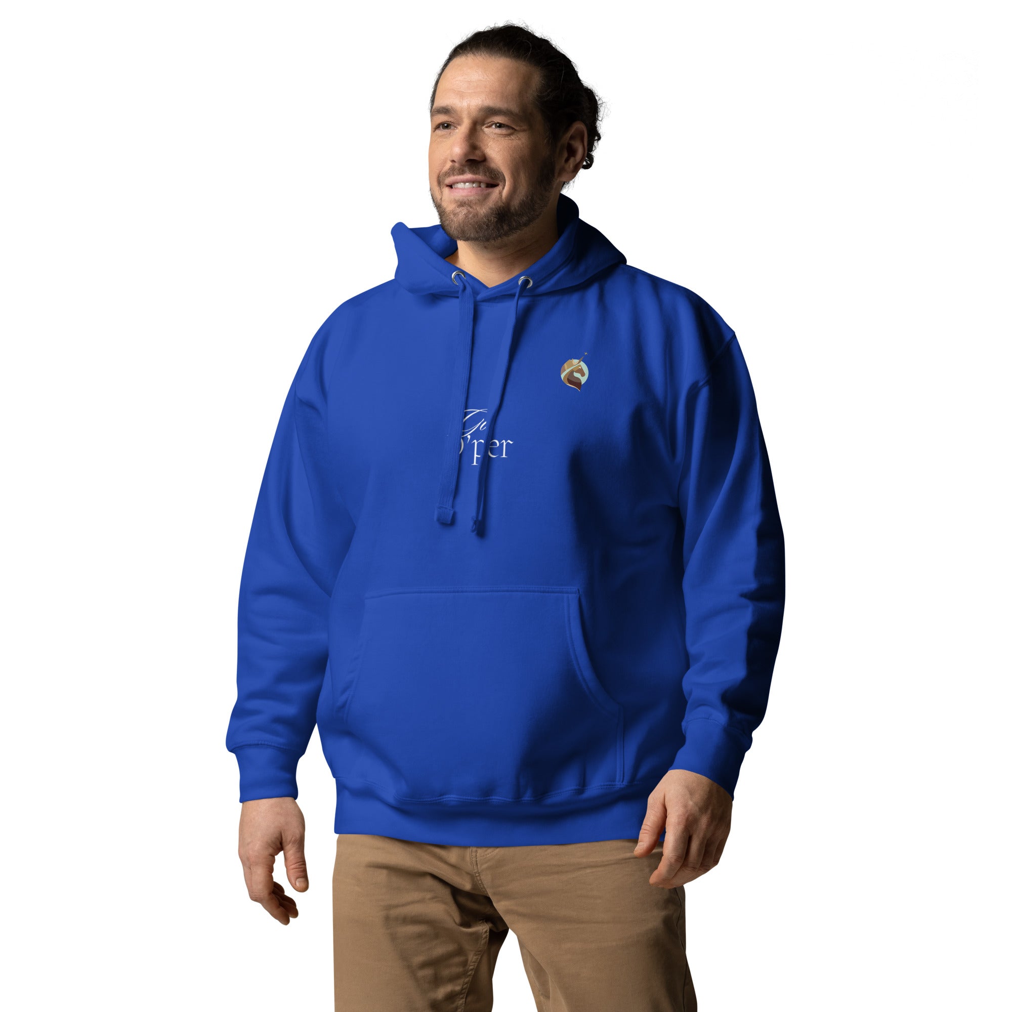 A man sporting a unisex purple hoodie with the Xpresso Unicorn logo on the chest. The hoodie has a relaxed fit.