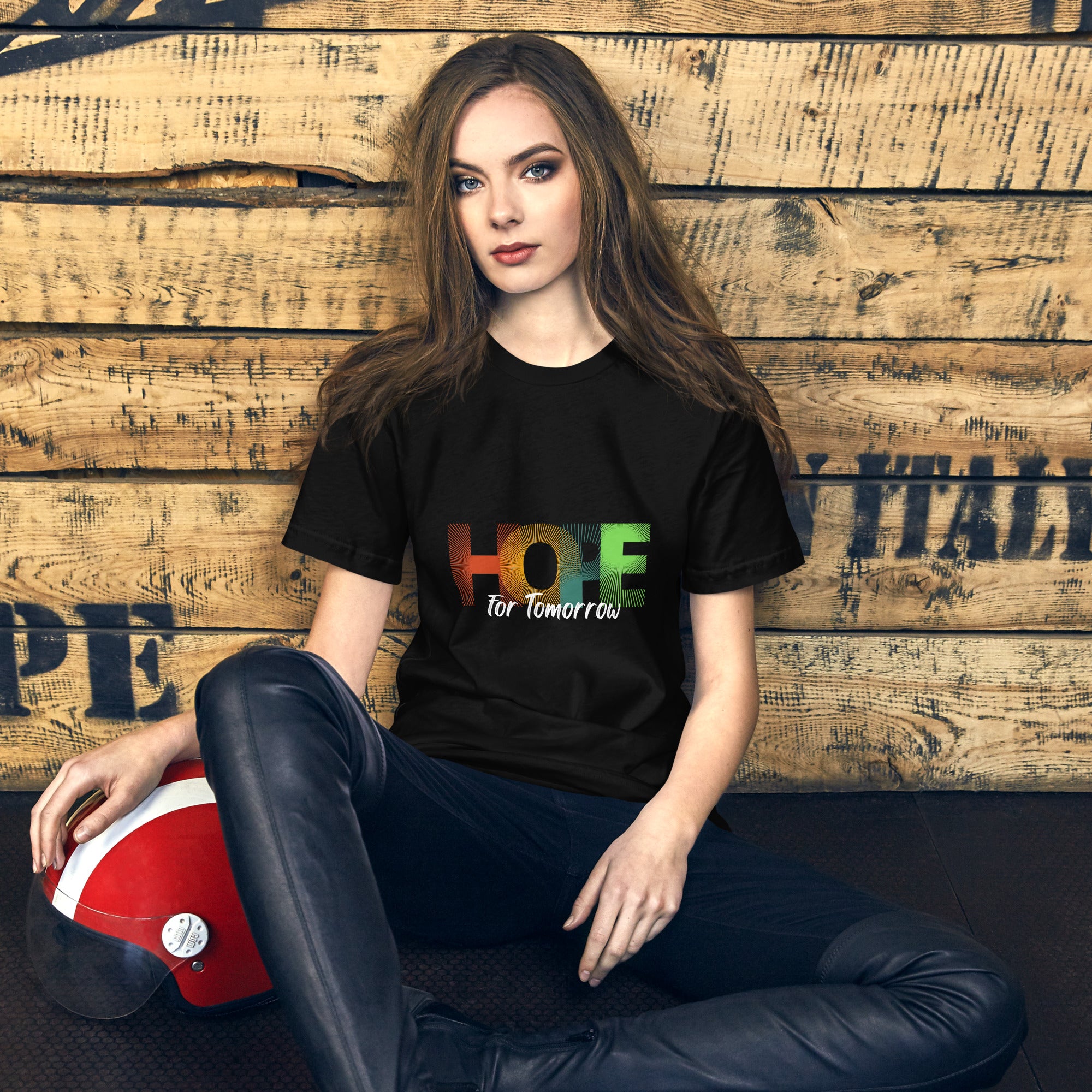 A woman wearing a comfortable t-shirt with the uplifting message "Hope for Tomorrow" printed on it.