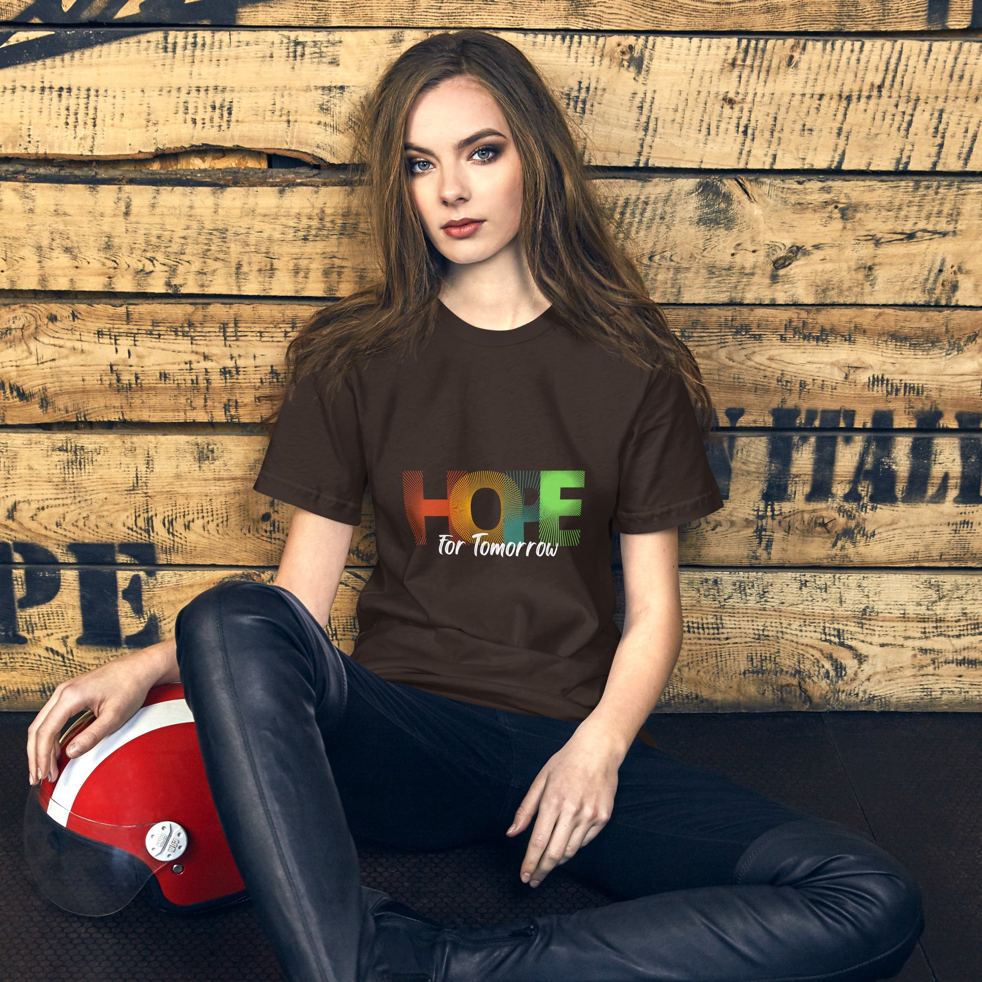 A woman wearing a comfortable t-shirt with the uplifting message "Hope for Tomorrow" printed on it.