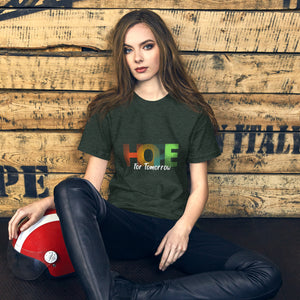 A woman wearing a comfortable t-shirt with the uplifting message "Hope for Tomorrow" printed on it.