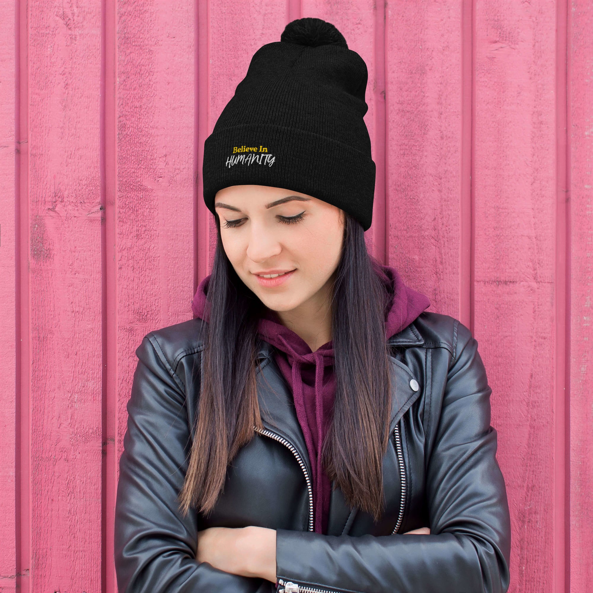 Pom-Pom Beanie "Believe in Humanity"